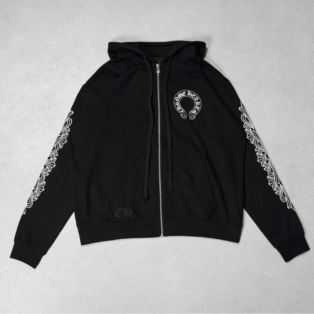 Black Chrome Heart Zip-Up Hoodie with White Floral Sleeve